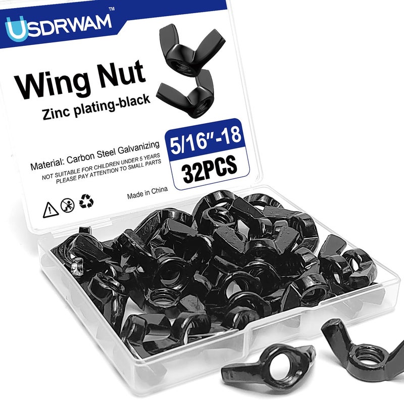 Usdrwam 32Pcs 5/16"-18 Wing Nuts Kit, Zinc Plating-Black Wing Nuts Butterfly Fasteners, Hand-Tighten Hardware Nuts Kit for Easy Assembly and Secure Fit Furniture - Image 1